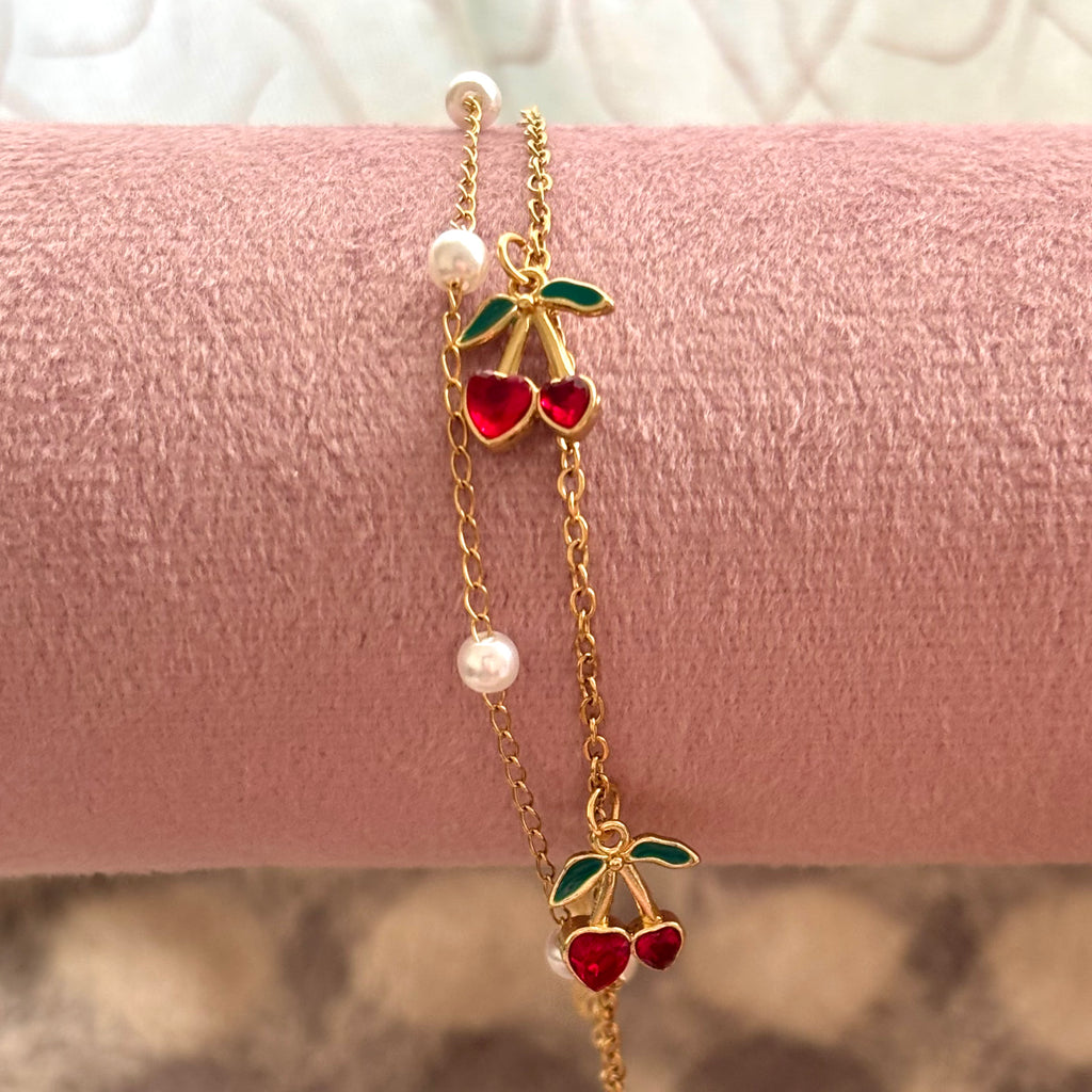 Strawberries and pearls double layer chain bracelet
