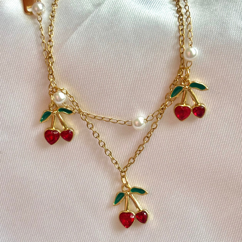 Strawberries and pearls double layer chain bracelet