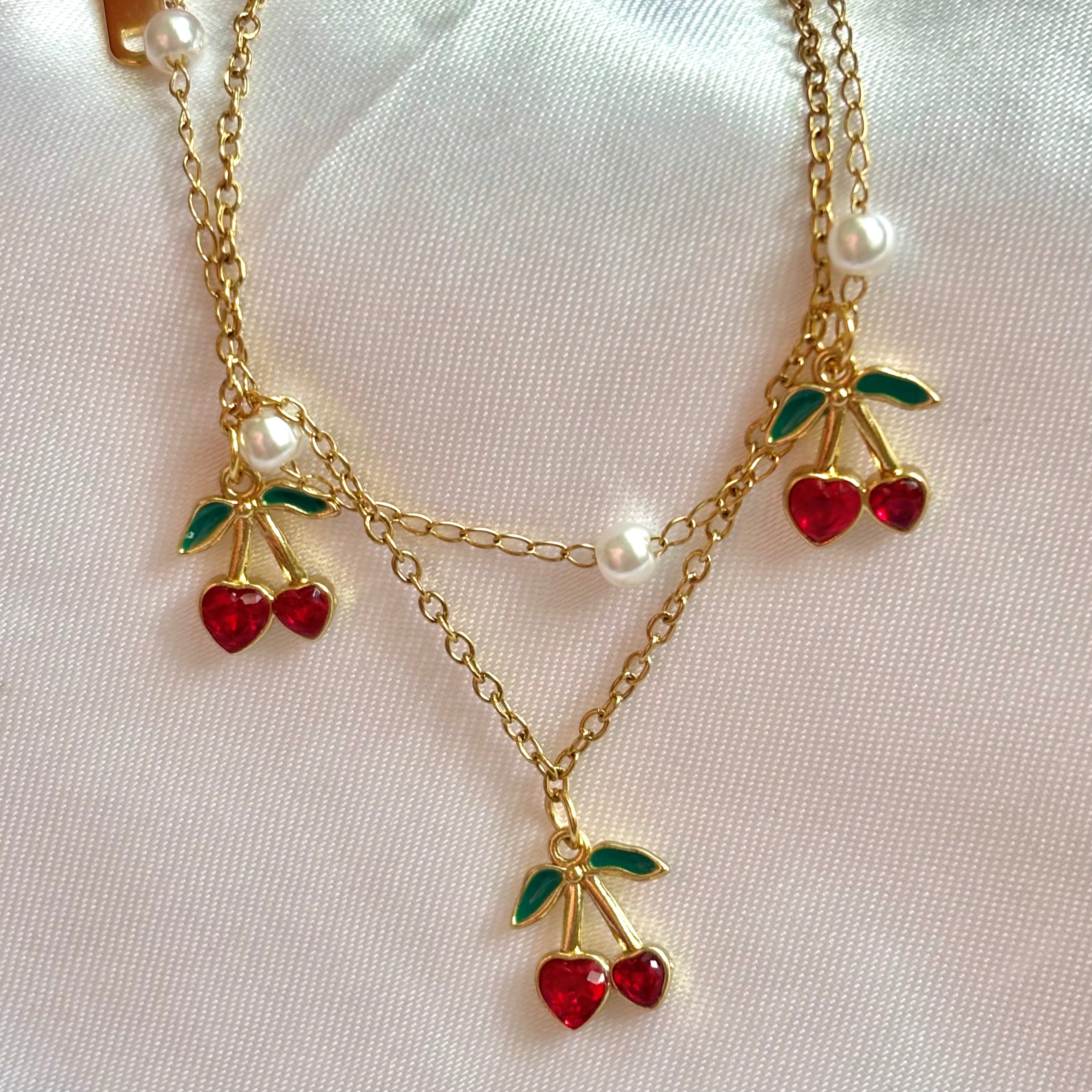 Strawberries and pearls double layer chain bracelet