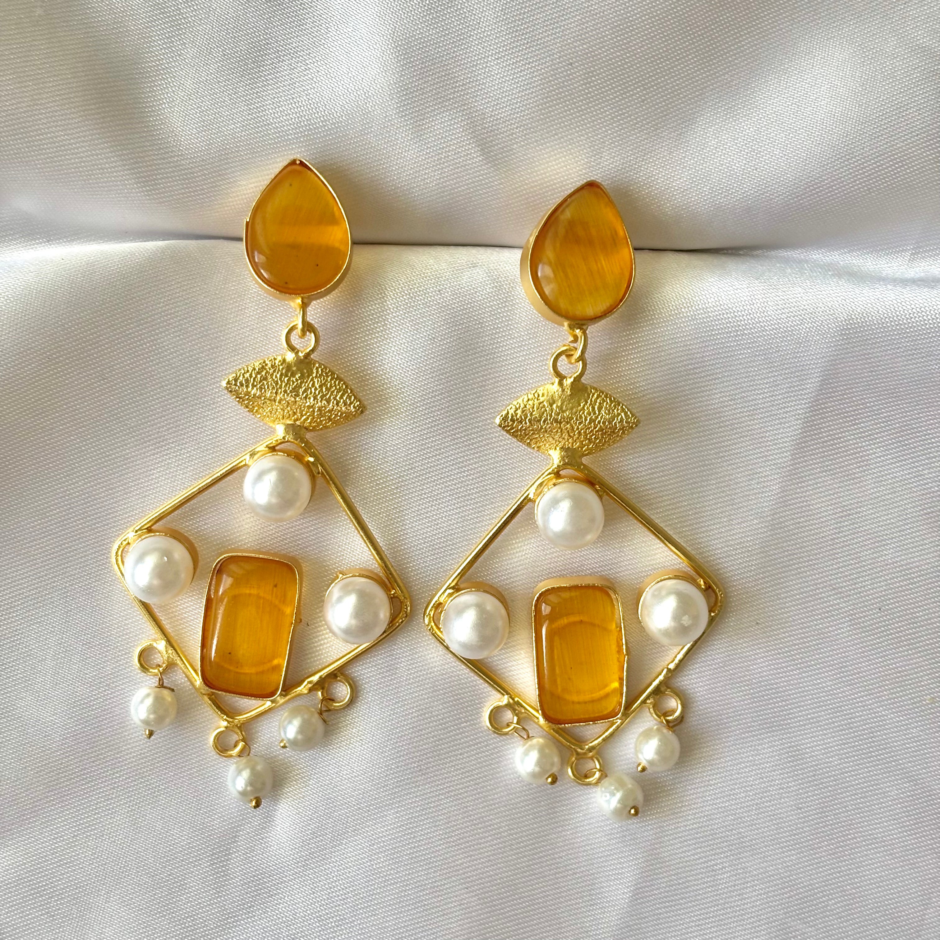 Light orange leaf and pearls geometric brass earrings