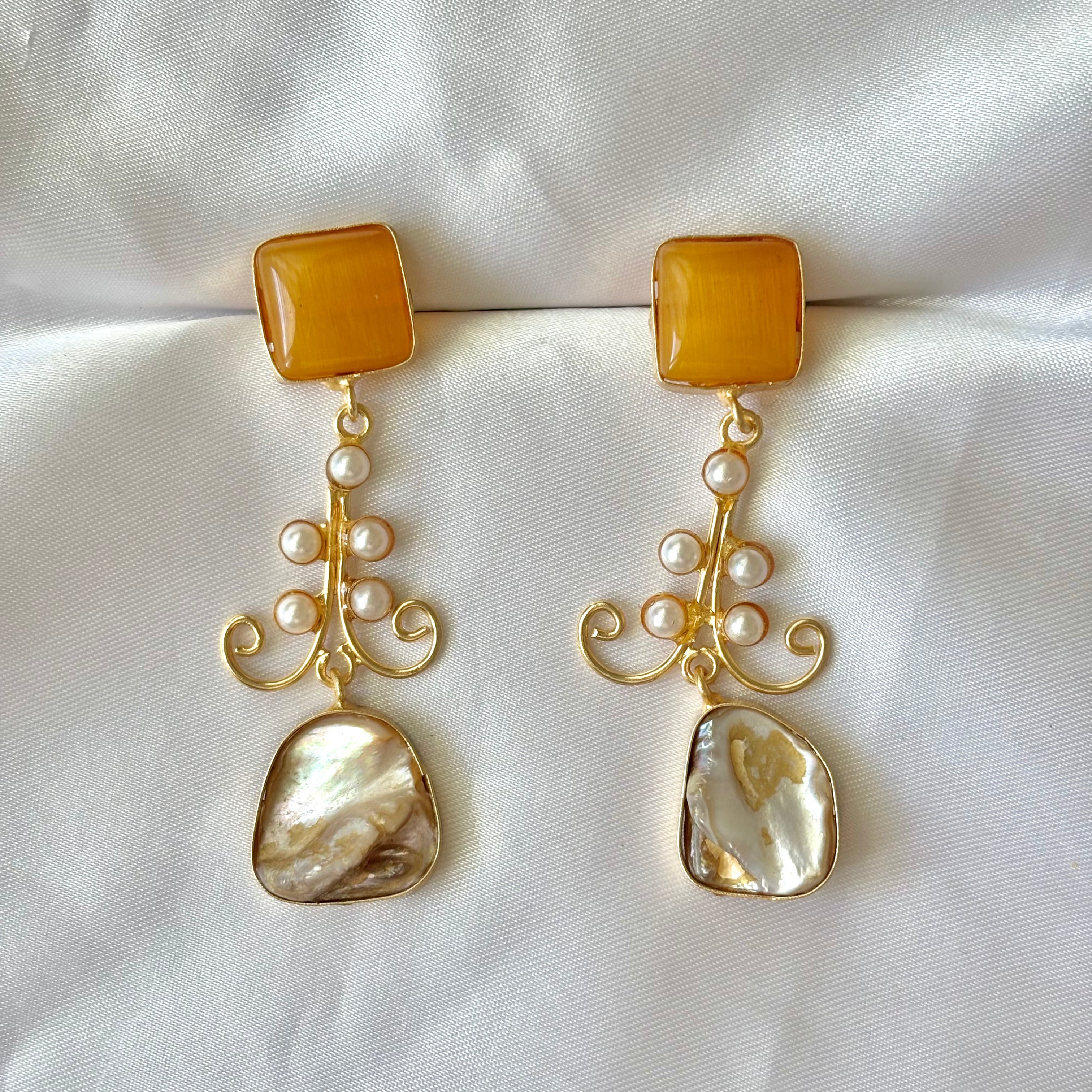 Orange square top brass earrings