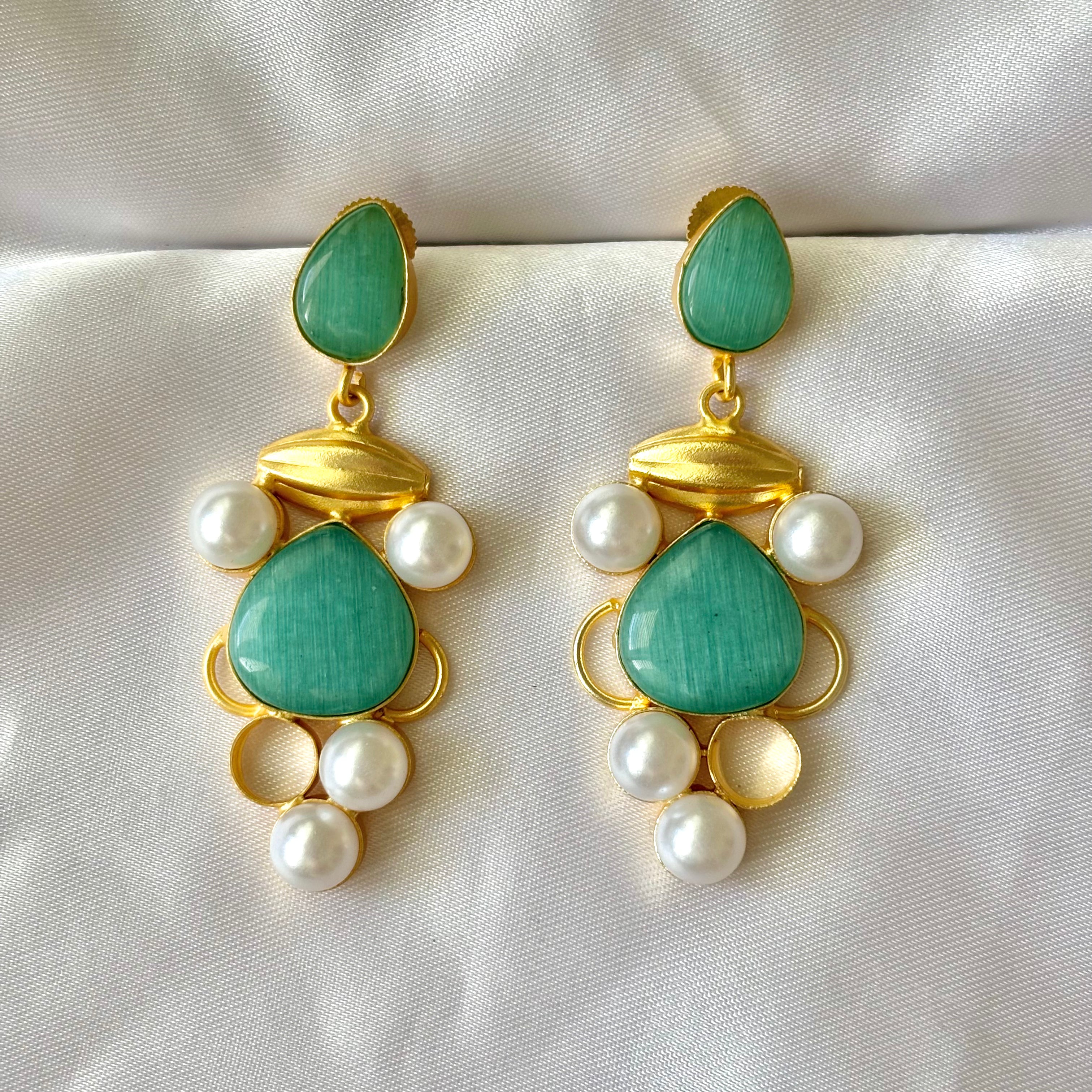 Teal blue pearly brass earrings