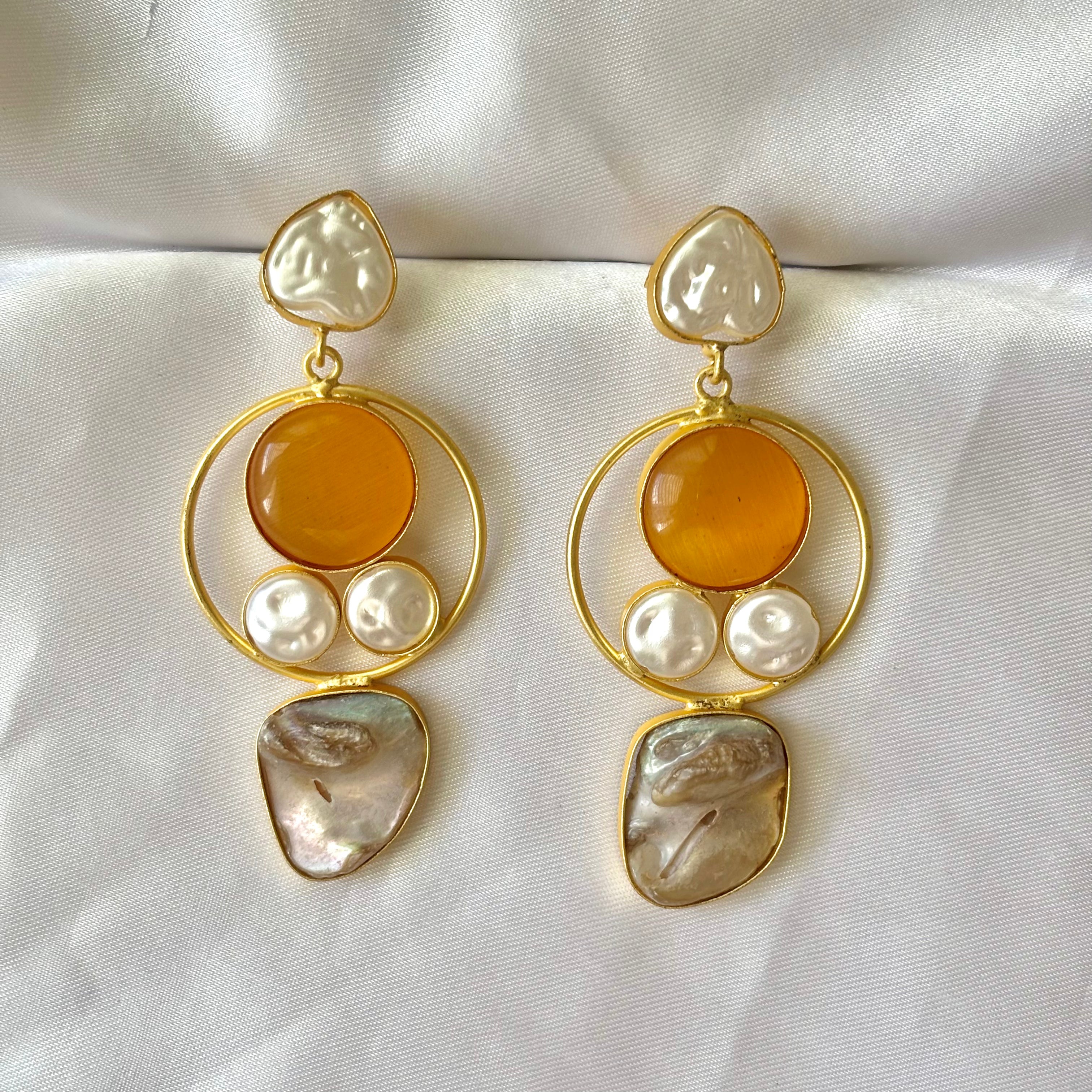 Orange and white round brass earrings