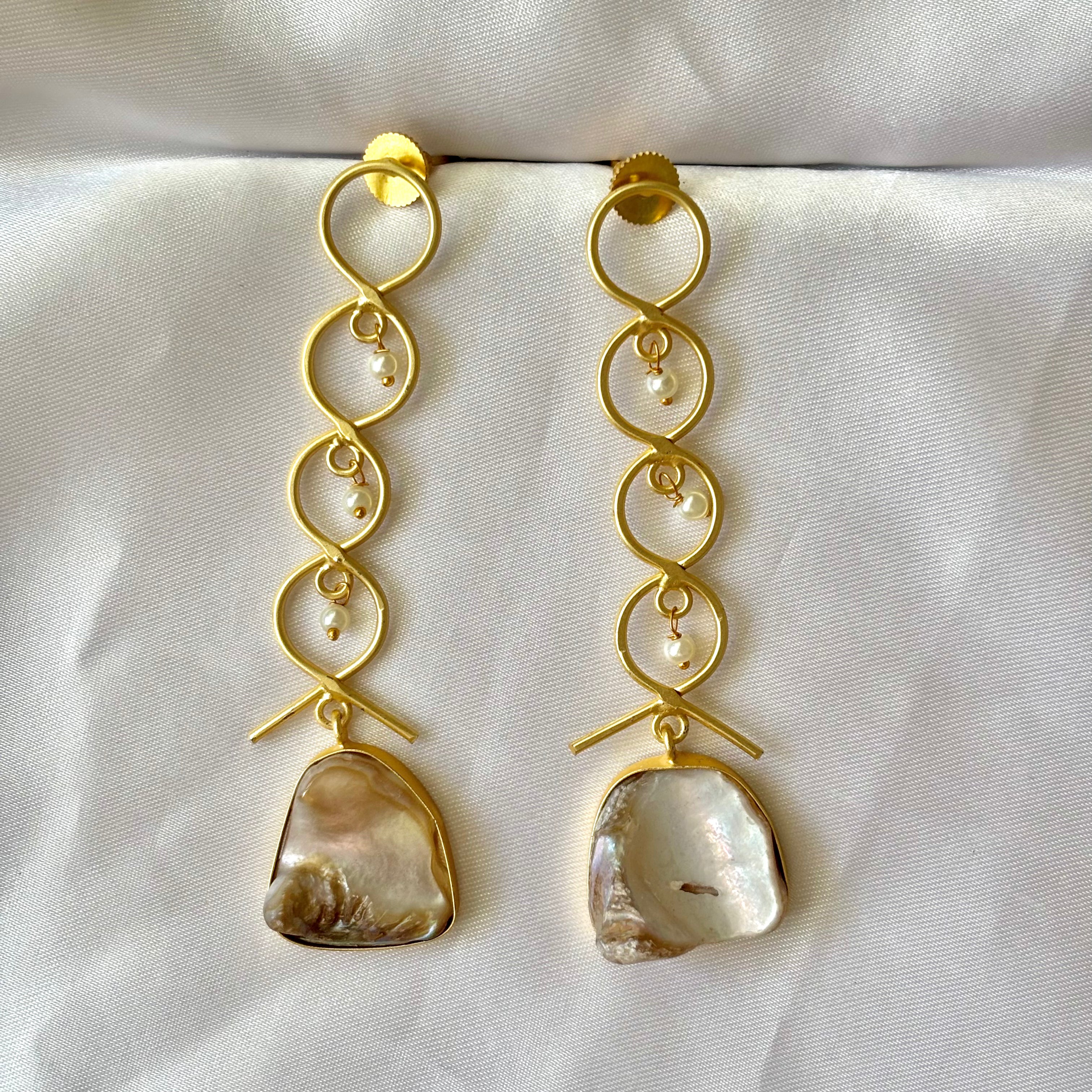 Abstract pearly loops brass earrings